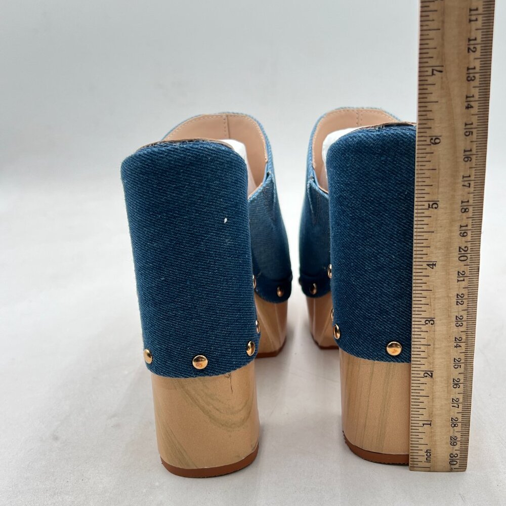 FSJ Blue Denim Round Toe Mules High Chunky Heel Slip On Platform Wooden Sandal - Picture 5 of 8